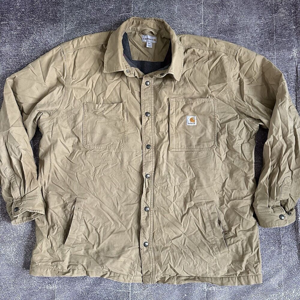 Mens Carhartt Rugged Flex Rigby Fleece Lined Button Up Beige Shirt Jacket Sz 2XL